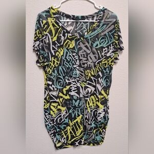 Rouge Collection 3X Sheer Mesh Blouse Graffiti Print Ruched Short Sleeve Top